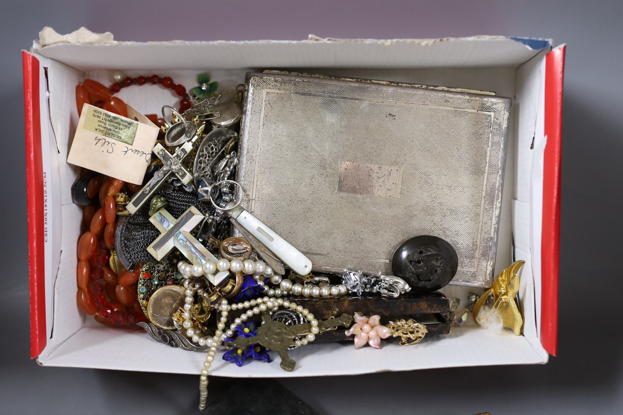 A quantity of assorted costume jewellery, etc. including a silver and enamel handbag mirror.